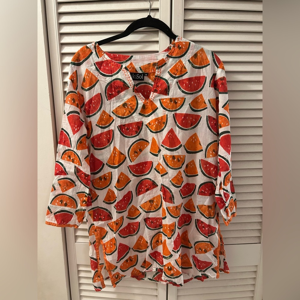 Kikisol White Watermelon Orange Tunic Top - M - Picture 1 of 5